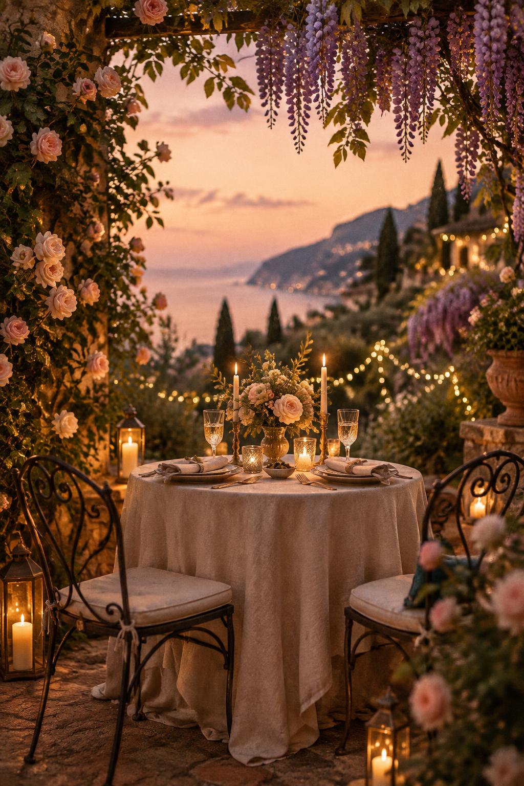 A candlelit table for two on a garden terrace at dusk