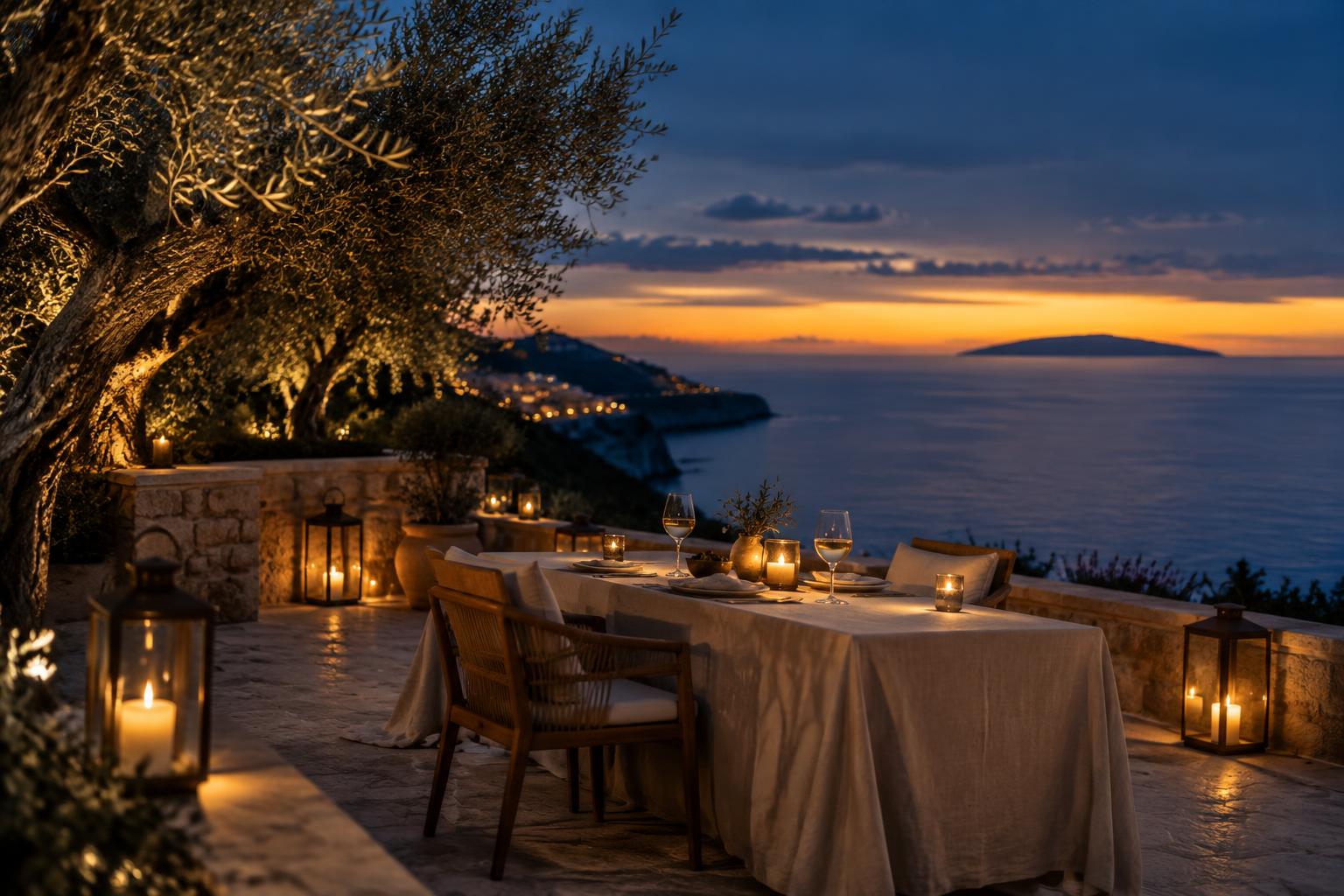 A candlelit table for two on a stone terrace above the sea at twilight