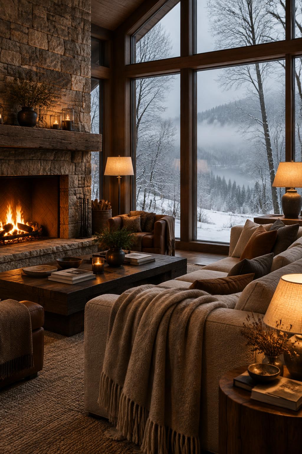 A warm lodge interior with a fire and windows onto a winter landscape