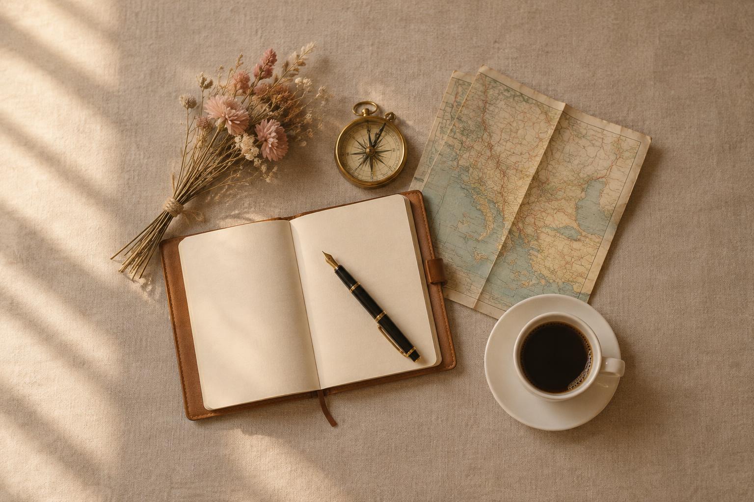 A travel designer's desk with a journal, compass and a paper map