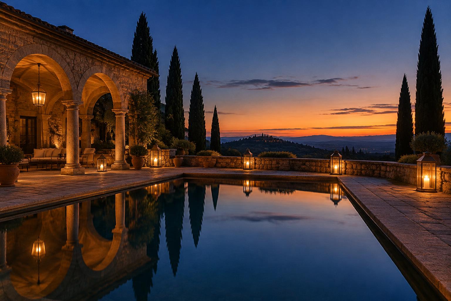 A villa courtyard at dusk with lanterns lit along a still pool