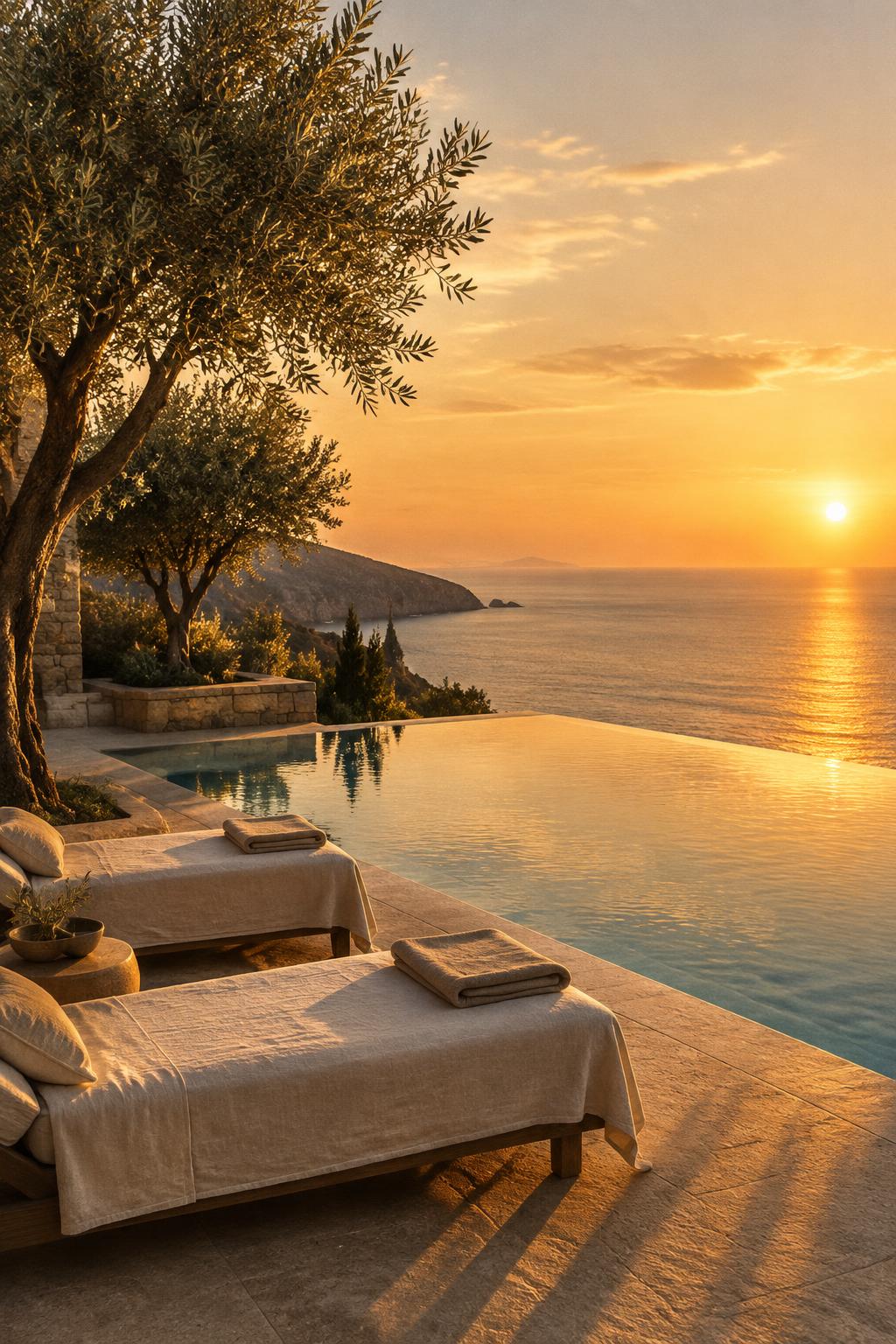 A private villa pool overlooking the ocean at golden hour