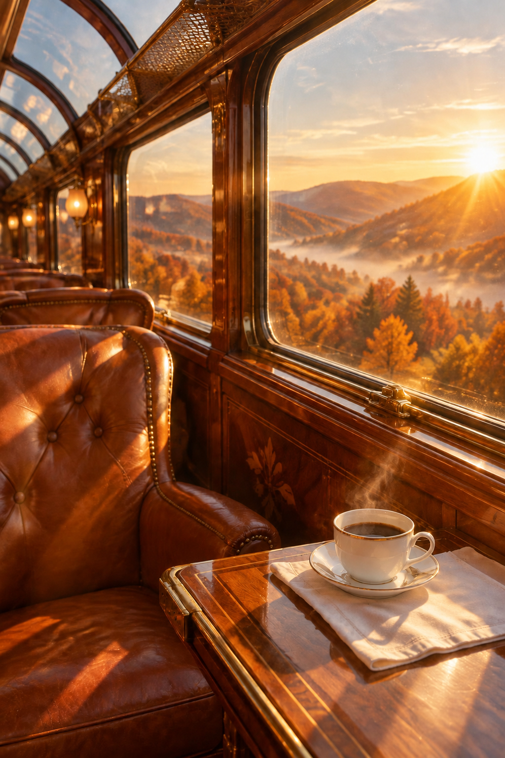 A vintage glass-domed train carriage at sunrise